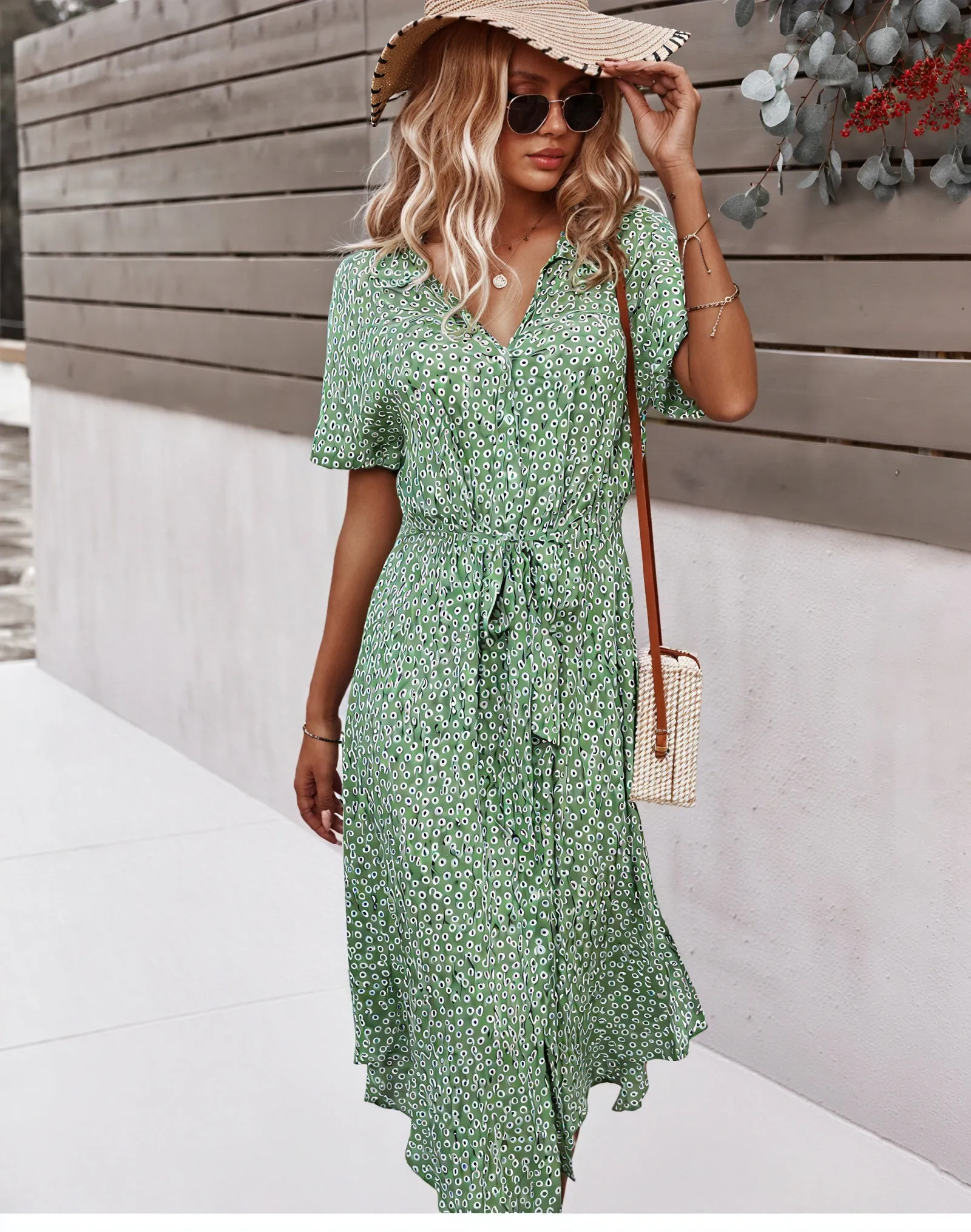 Floral Print Midi Dress with Tie Waist Detail