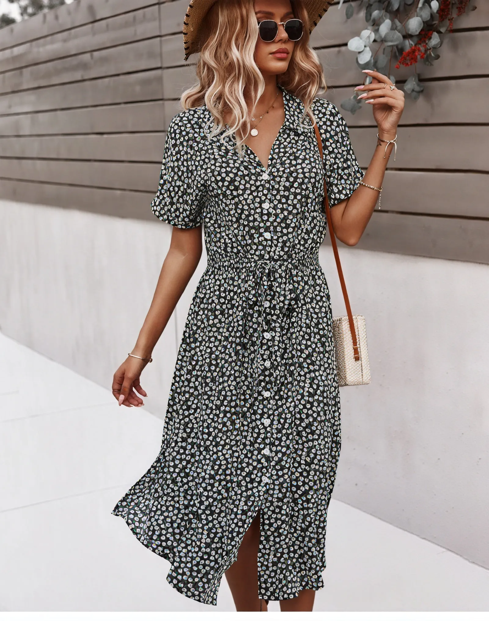 Floral Print Midi Dress with Tie Waist Detail