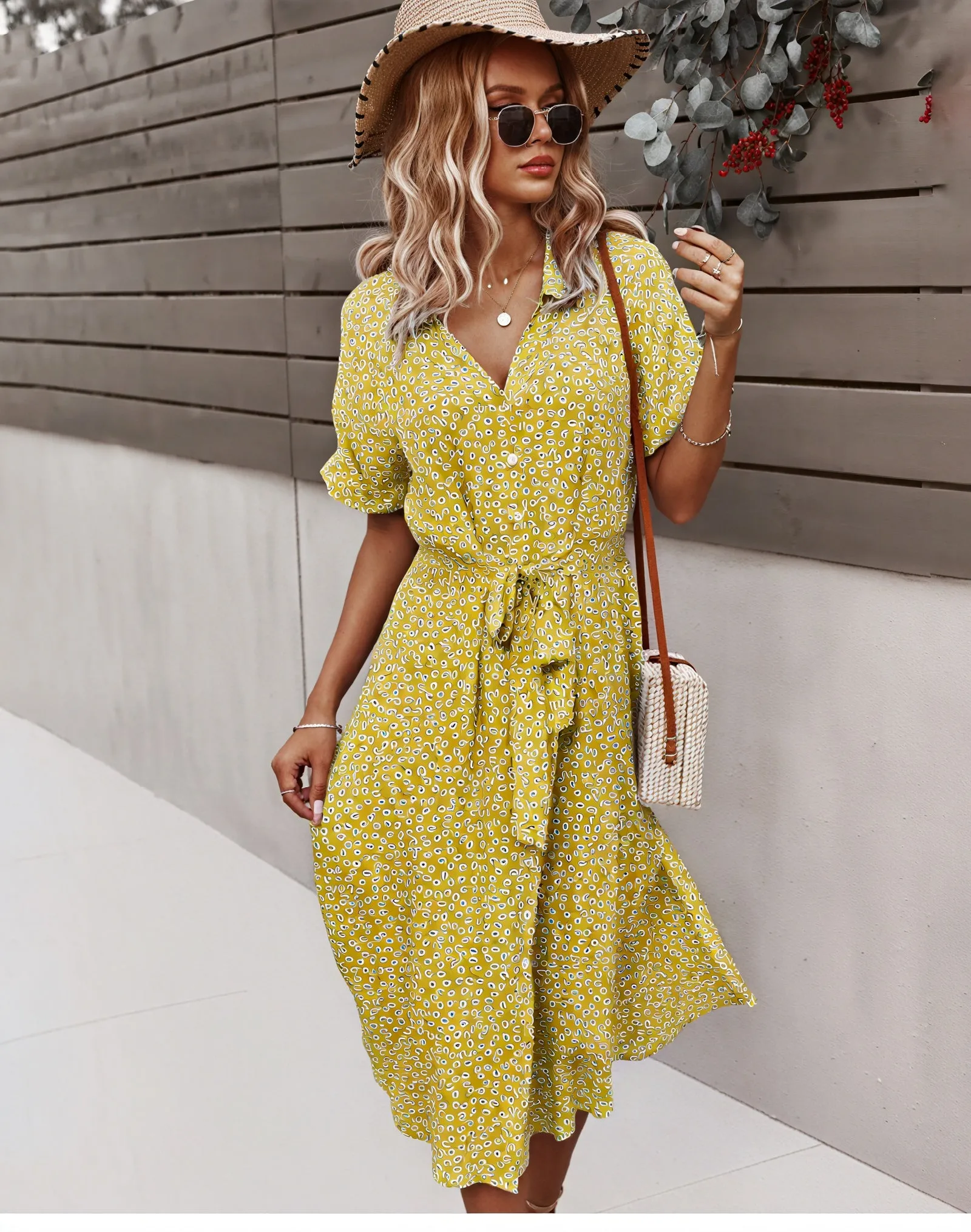 Floral Print Midi Dress with Tie Waist Detail
