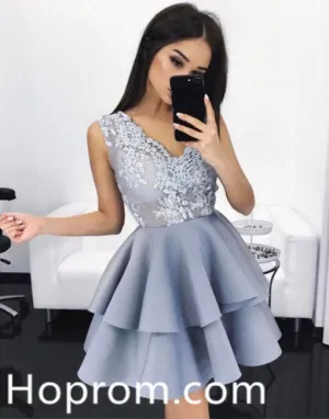 Gray V Neck A Line Homecoming Dress, Appliques Homecoming Dress