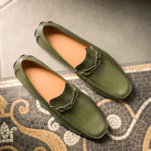 Green Italian Leather Easy Loafers - Loafers Shoes