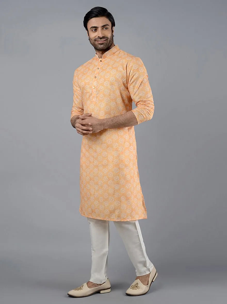 Haldi Yellow Printed Cotton Silk Blend Kurta | The Kurta Company