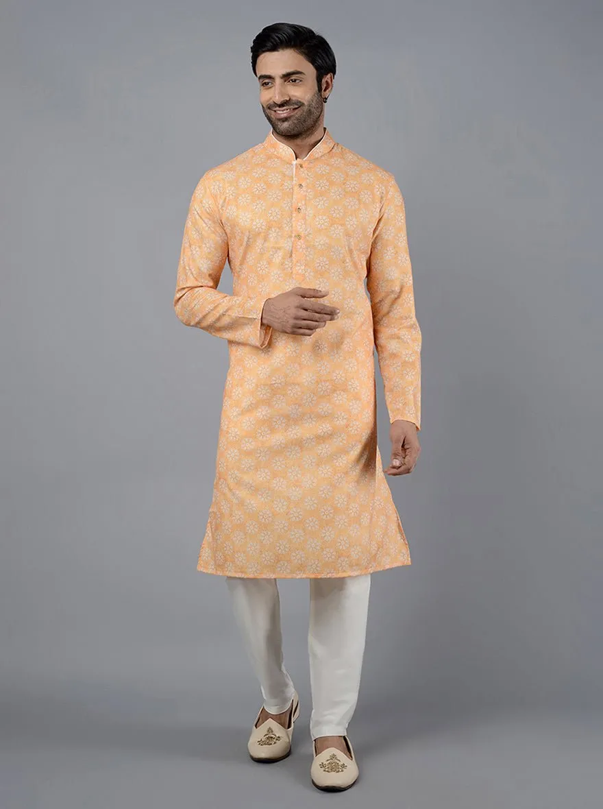 Haldi Yellow Printed Cotton Silk Blend Kurta | The Kurta Company