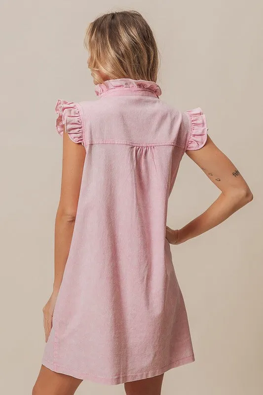 Hazel Blues® |  BiBi Washed Button Down Ruffled Cap Sleeve Denim Dress