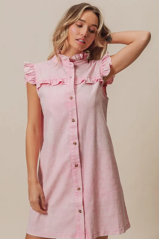 Hazel Blues® |  BiBi Washed Button Down Ruffled Cap Sleeve Denim Dress