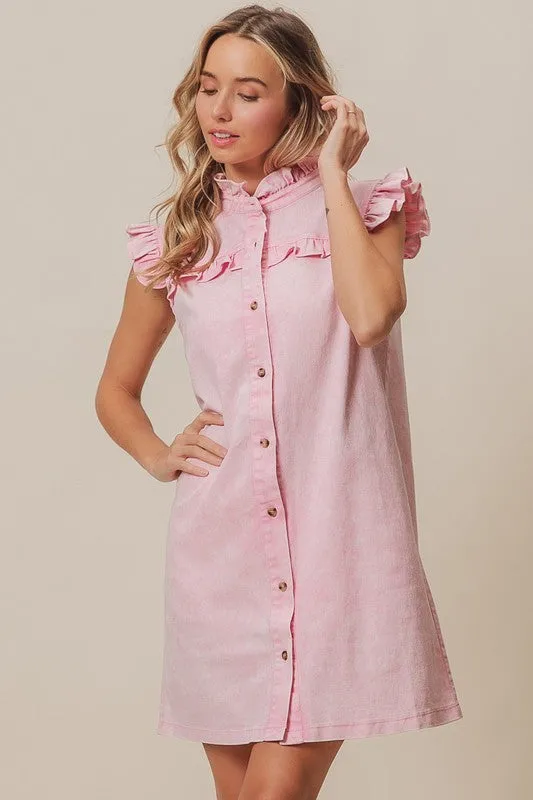Hazel Blues® |  BiBi Washed Button Down Ruffled Cap Sleeve Denim Dress