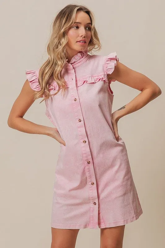 Hazel Blues® |  BiBi Washed Button Down Ruffled Cap Sleeve Denim Dress