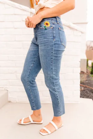 Hi-Rise Relaxed Sunflower Embroidery Jeans