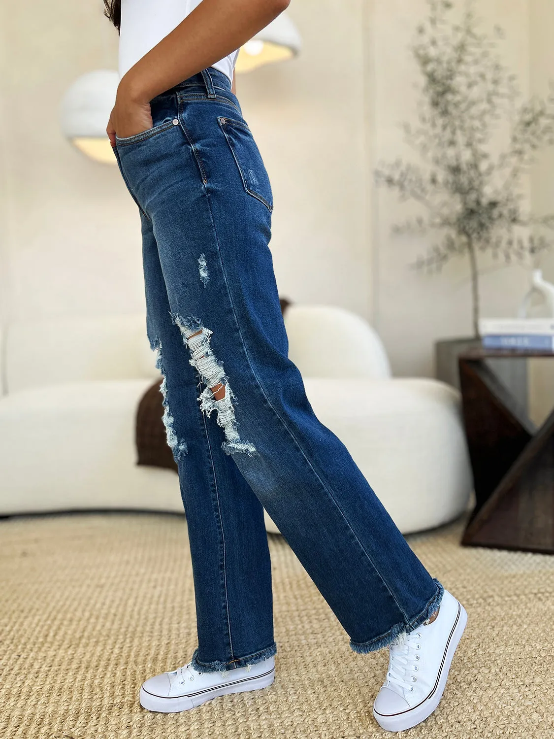 Judy Blue Mid Rise Distressed Raw Hem Jeans - Online Exclusive