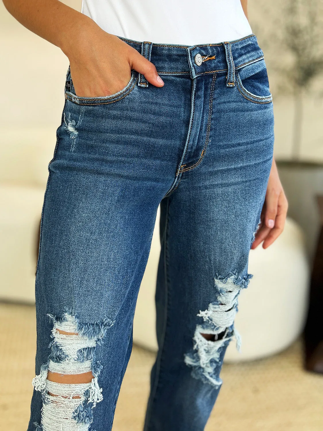 Judy Blue Mid Rise Distressed Raw Hem Jeans - Online Exclusive
