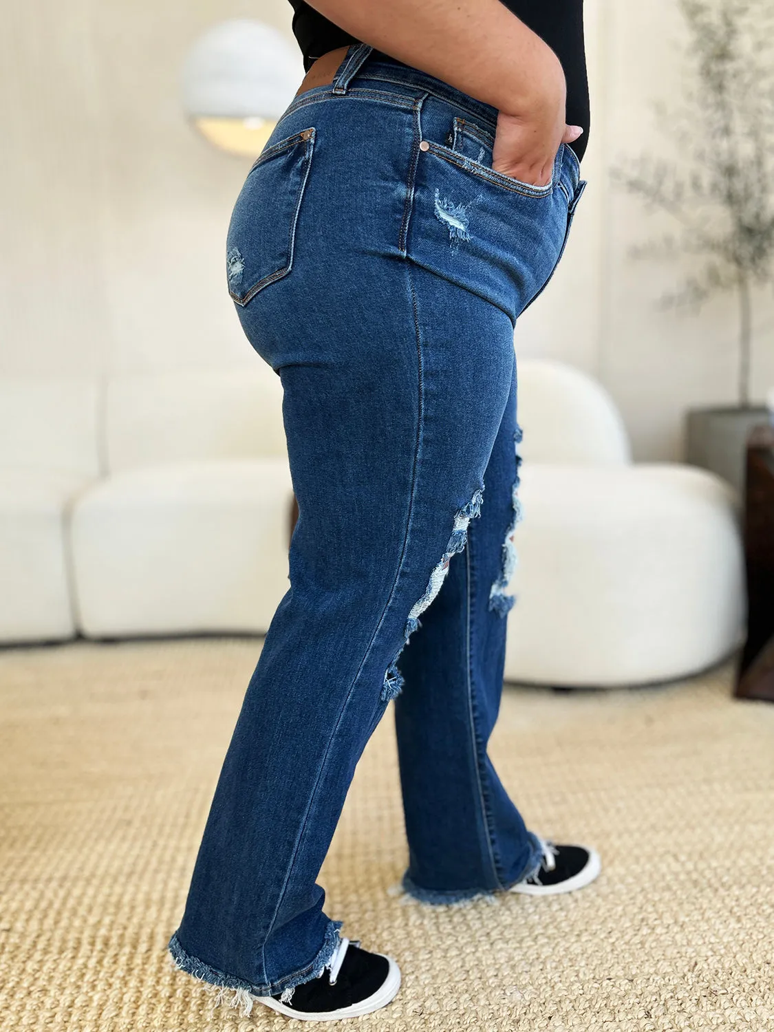 Judy Blue Mid Rise Distressed Raw Hem Jeans - Online Exclusive