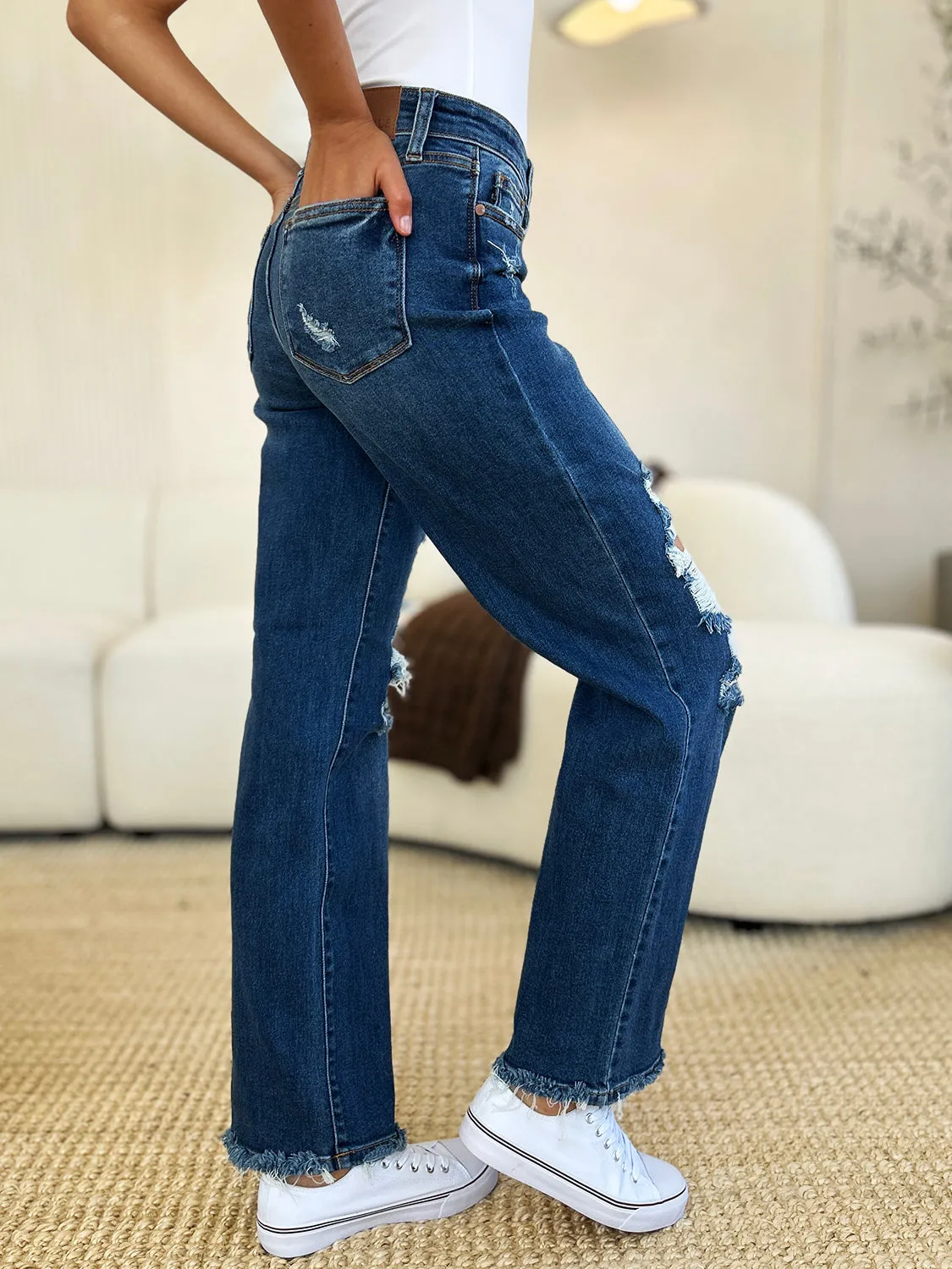 Judy Blue Mid Rise Distressed Raw Hem Jeans - Online Exclusive