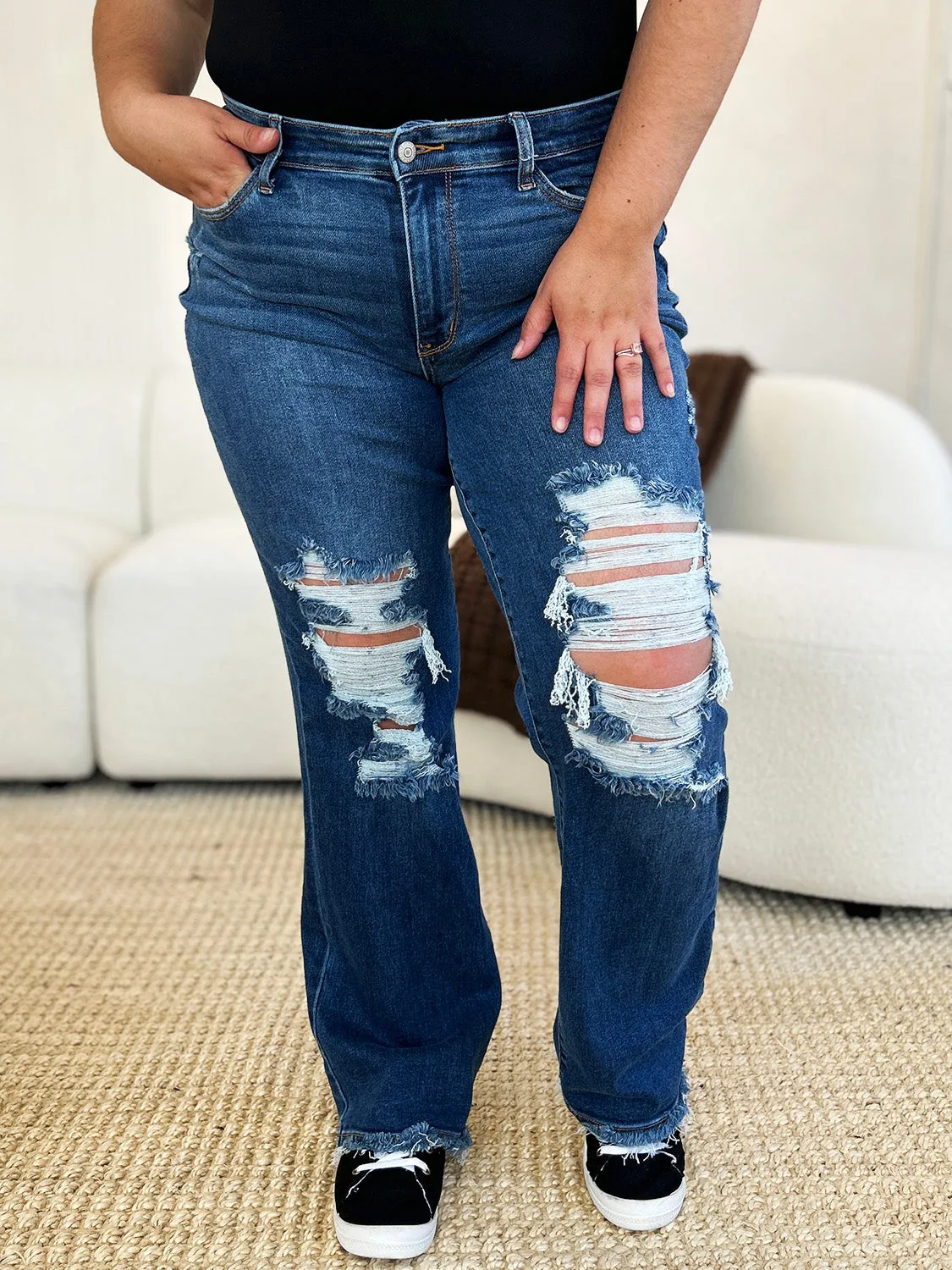 Judy Blue Mid Rise Distressed Raw Hem Jeans - Online Exclusive
