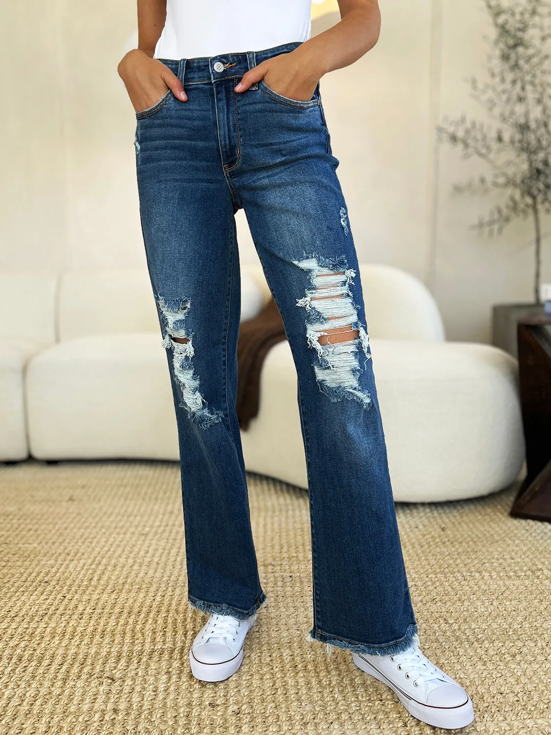 Judy Blue Mid Rise Distressed Raw Hem Jeans - Online Exclusive