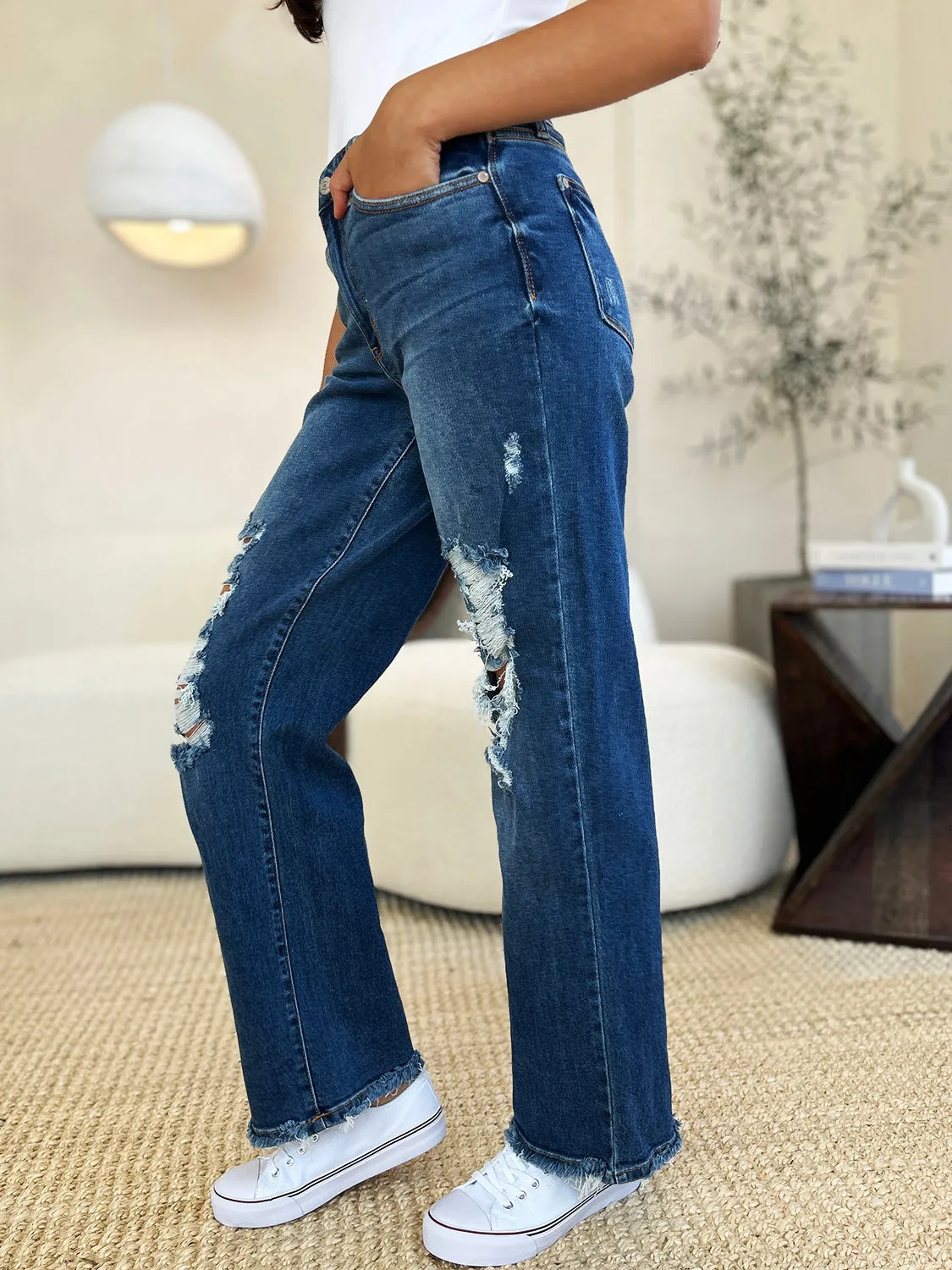 Judy Blue Mid Rise Distressed Raw Hem Jeans - Online Exclusive