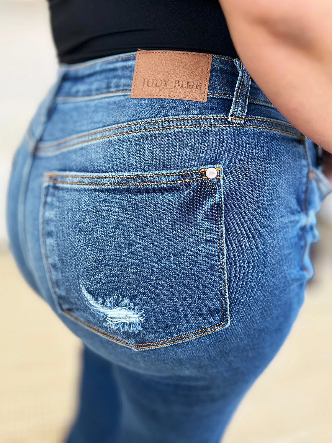 Judy Blue Mid Rise Distressed Raw Hem Jeans - Online Exclusive