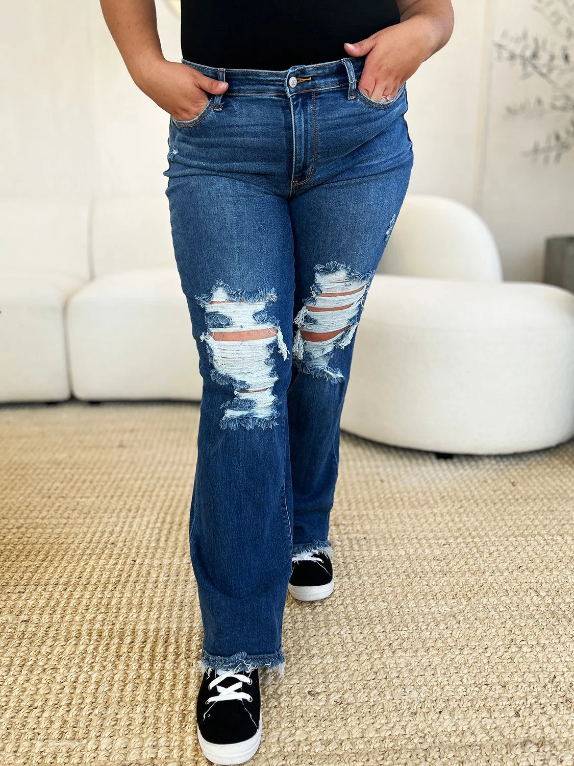 Judy Blue Mid Rise Distressed Raw Hem Jeans - Online Exclusive