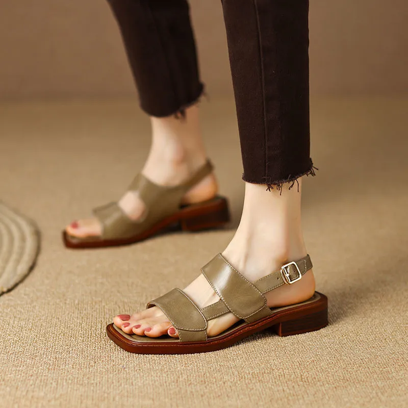 Ladies Retro Low Heel Roman Shoes Soft Sole Open Toe Beach Flat Sandals