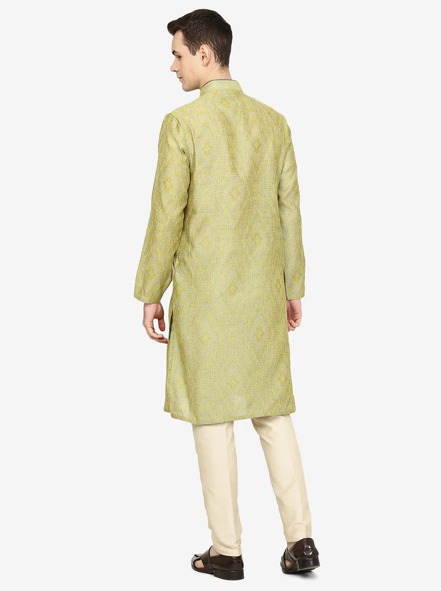 Lemon Green Printed Exclusive Silk Blend Kurta | The Kurta Company