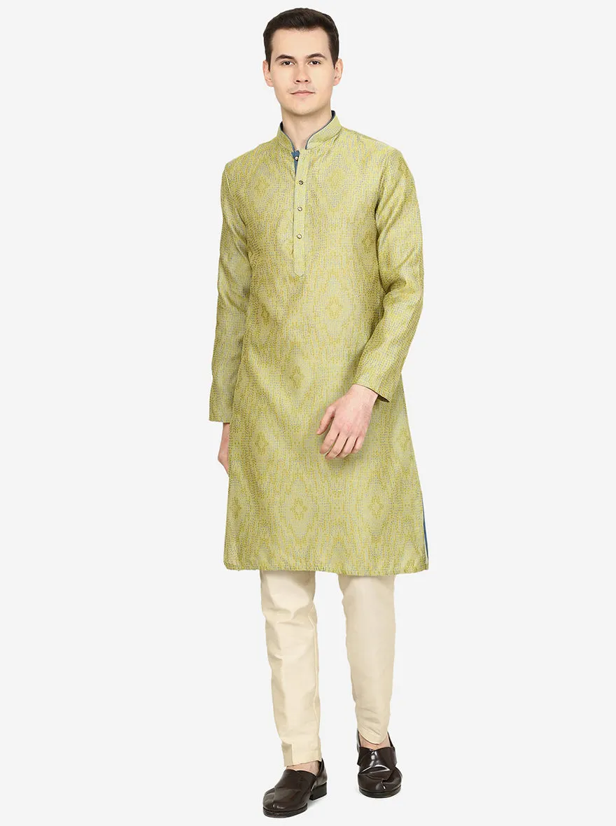 Lemon Green Printed Exclusive Silk Blend Kurta | The Kurta Company