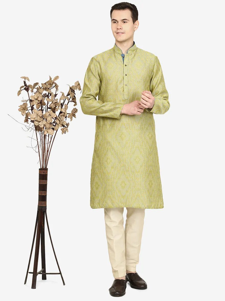 Lemon Green Printed Exclusive Silk Blend Kurta | The Kurta Company