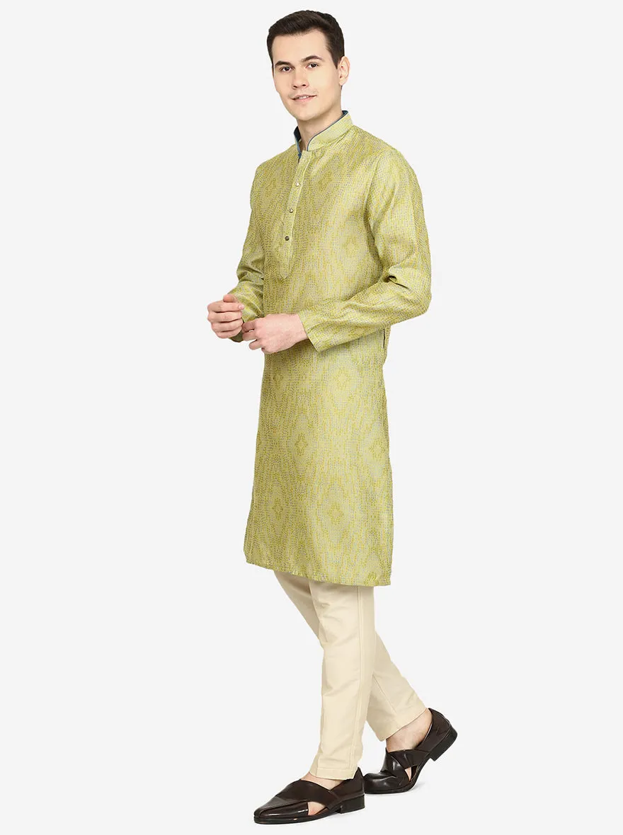 Lemon Green Printed Exclusive Silk Blend Kurta | The Kurta Company