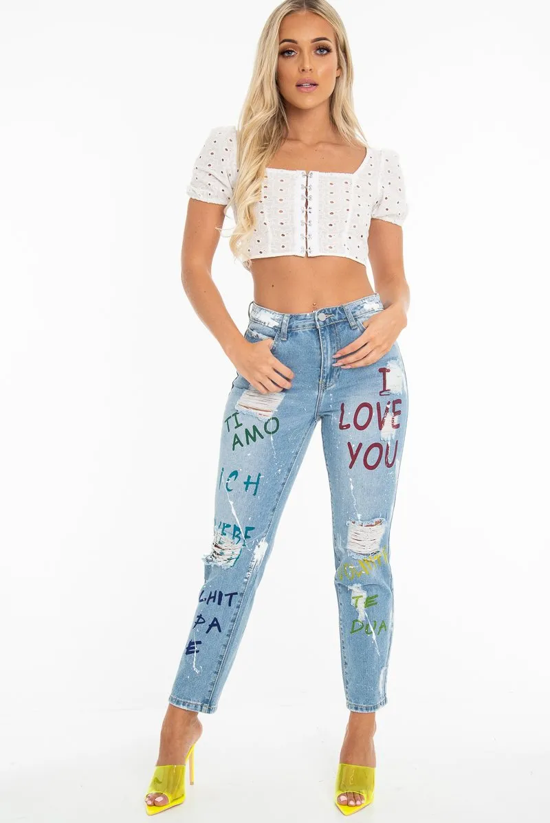 Light Wash Love Graffiti Print Distressed Boyfriend Jeans - Maggie