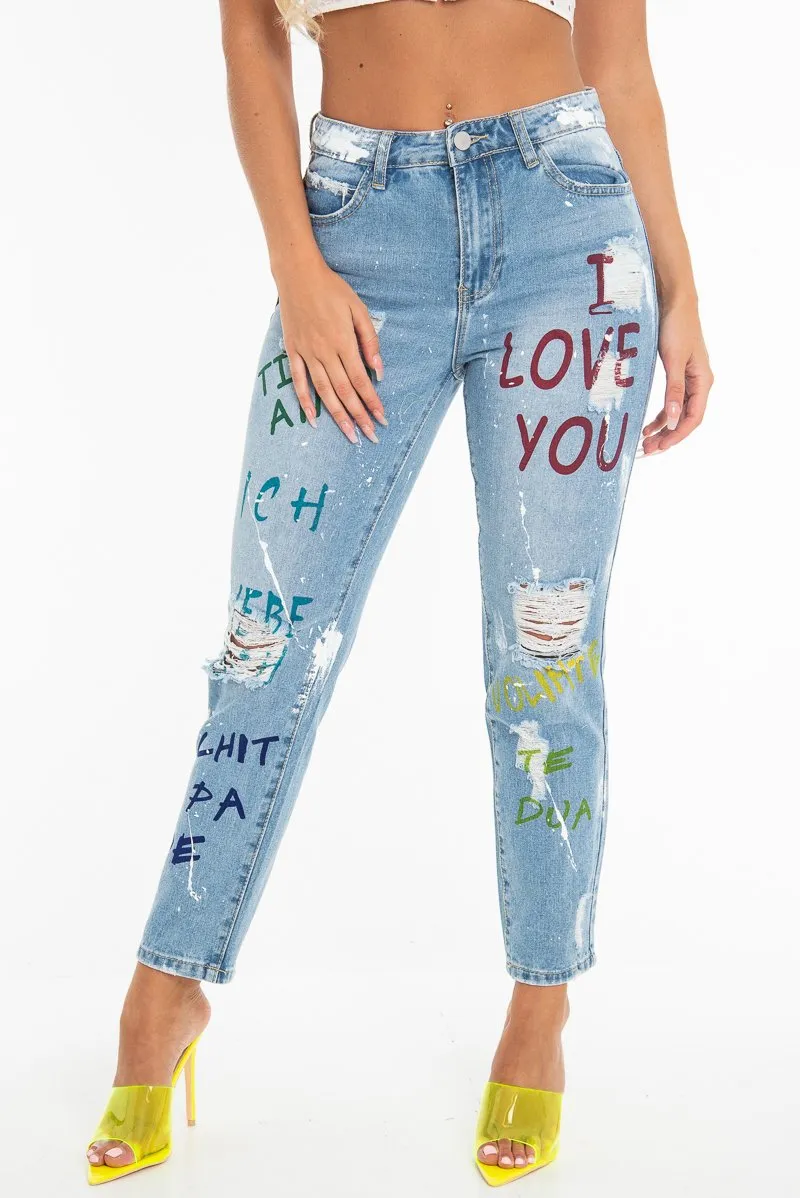 Light Wash Love Graffiti Print Distressed Boyfriend Jeans - Maggie
