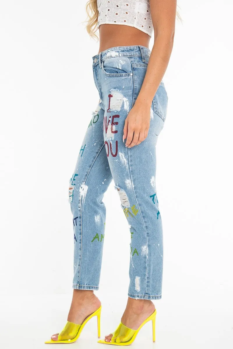Light Wash Love Graffiti Print Distressed Boyfriend Jeans - Maggie