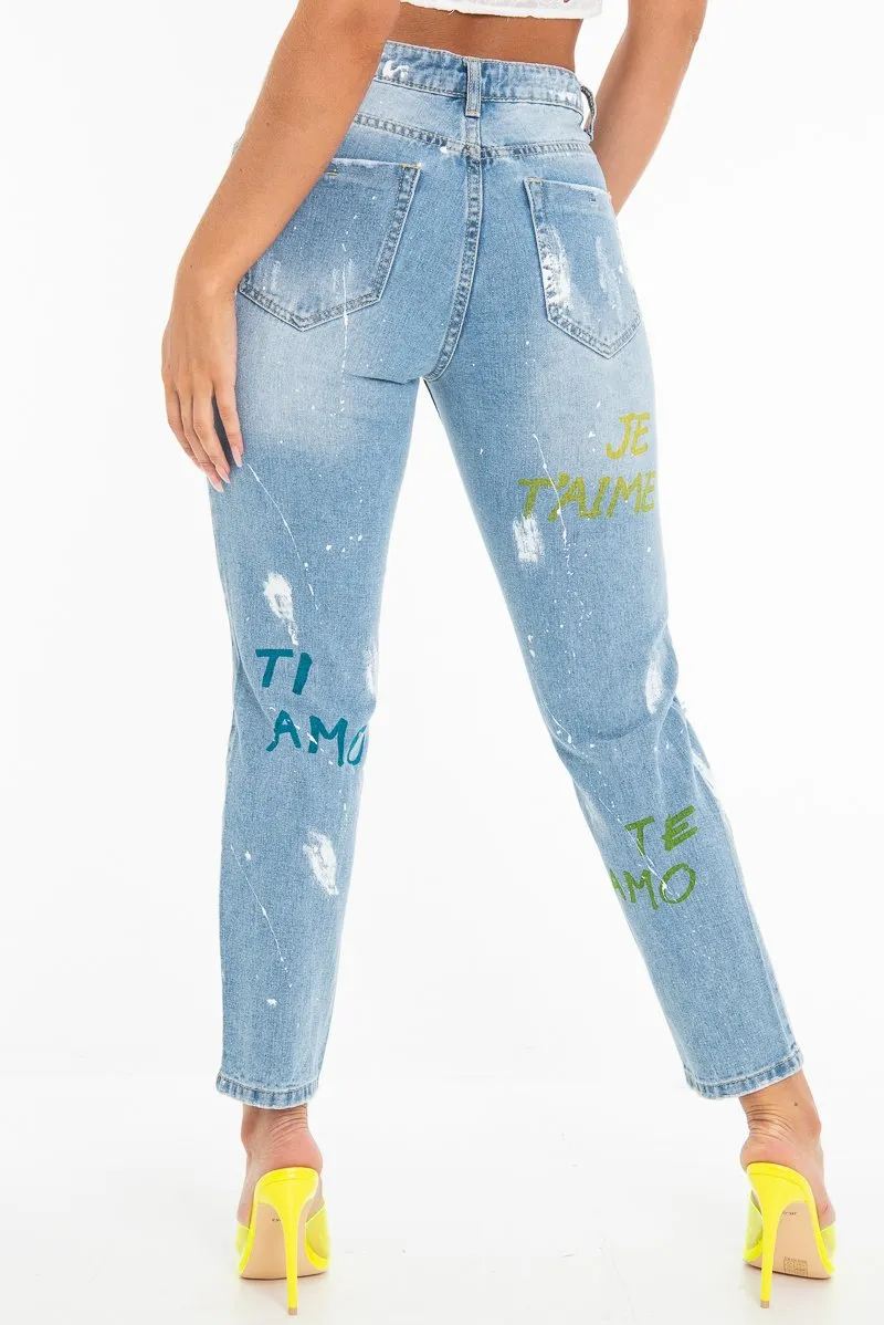 Light Wash Love Graffiti Print Distressed Boyfriend Jeans - Maggie