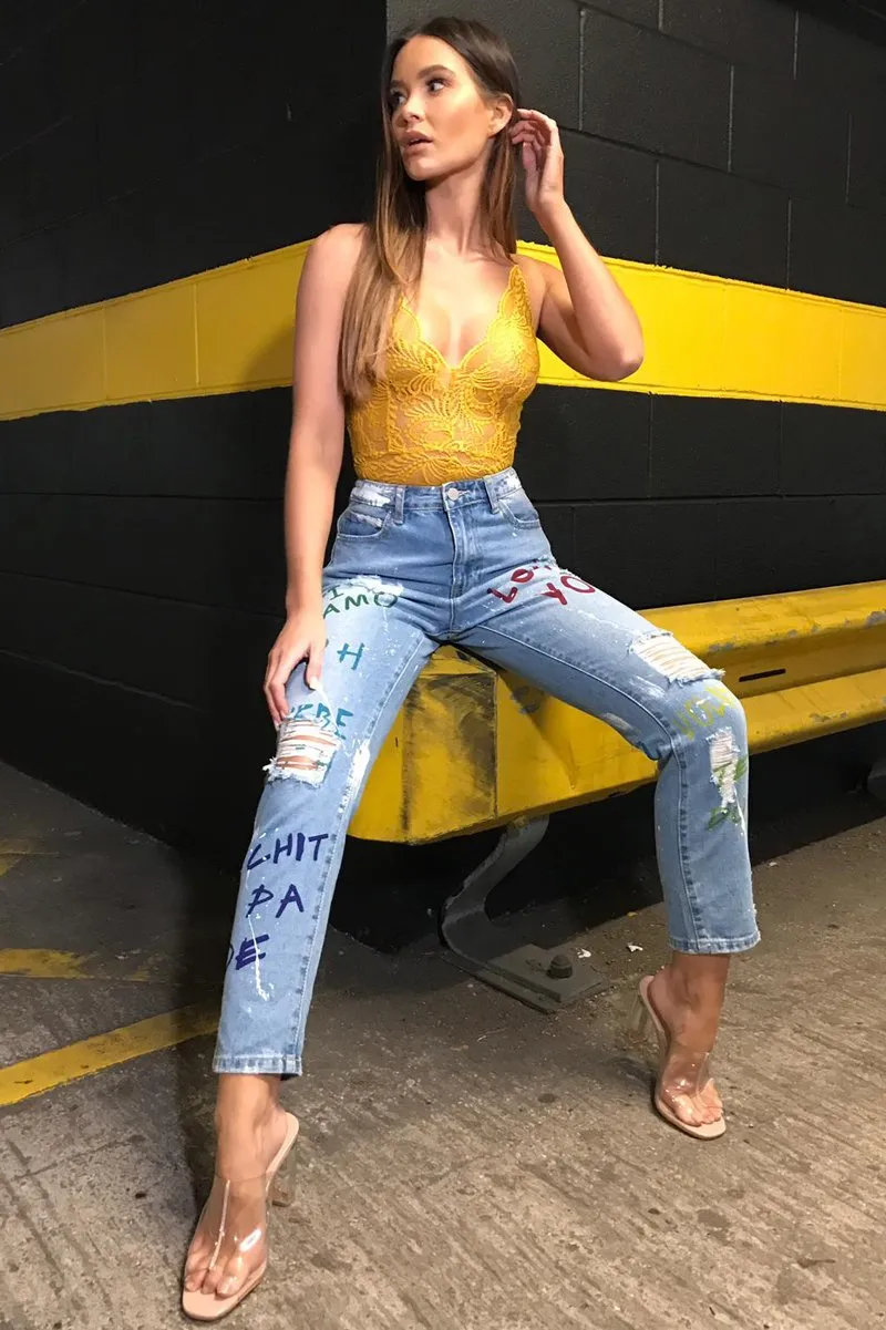 Light Wash Love Graffiti Print Distressed Boyfriend Jeans - Maggie