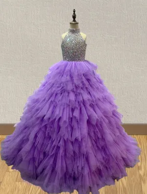 Little Girls Purple Prom Dress with Beaded Bodice