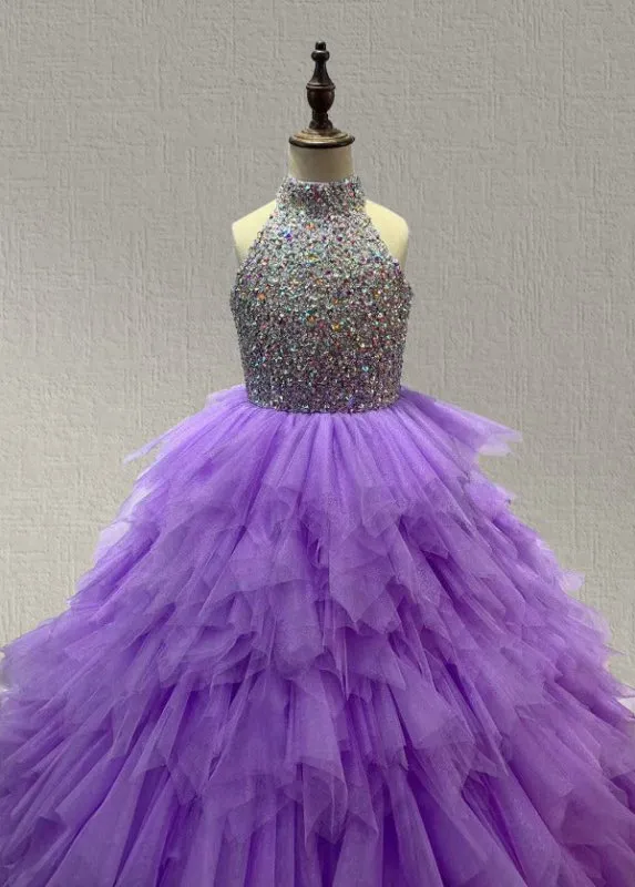 Little Girls Purple Prom Dress with Beaded Bodice