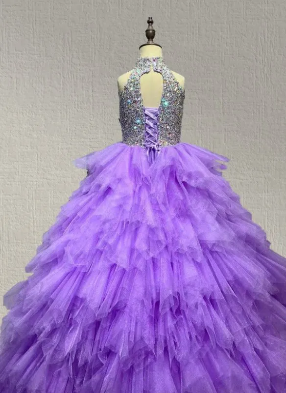 Little Girls Purple Prom Dress with Beaded Bodice