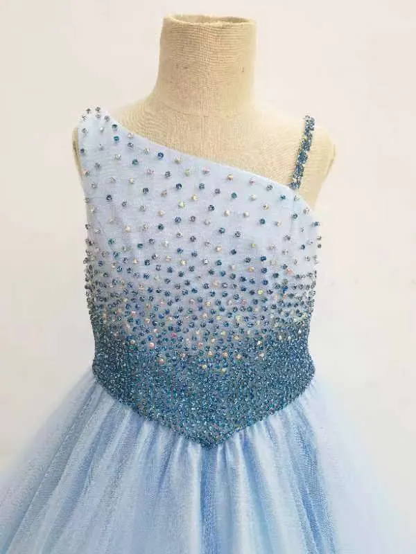 Little Girls Sparkly Beaded Bodice Sky Blue Prom Gown