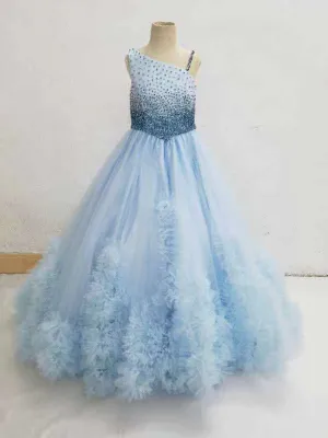 Little Girls Sparkly Beaded Bodice Sky Blue Prom Gown