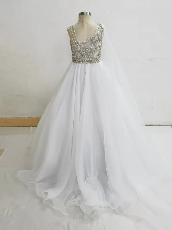 Little Girls White Evening Gown with Glitz Beaded Bodice