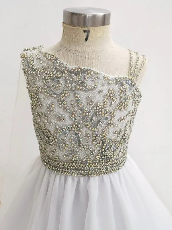 Little Girls White Evening Gown with Glitz Beaded Bodice