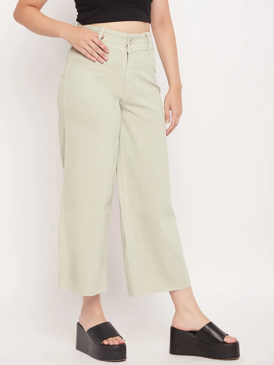 Madame Mint Green High Waist Wide Leg Ankle  Length Jeans