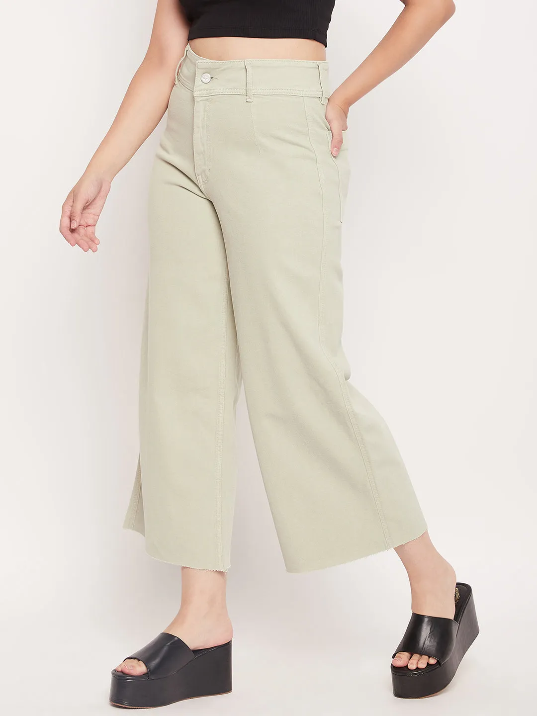 Madame Mint Green High Waist Wide Leg Ankle  Length Jeans
