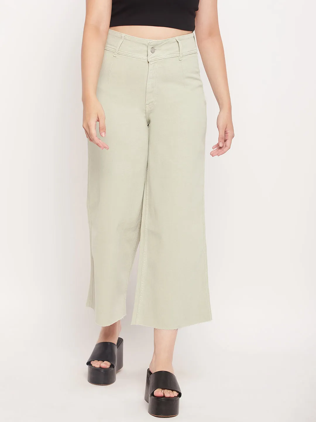 Madame Mint Green High Waist Wide Leg Ankle  Length Jeans