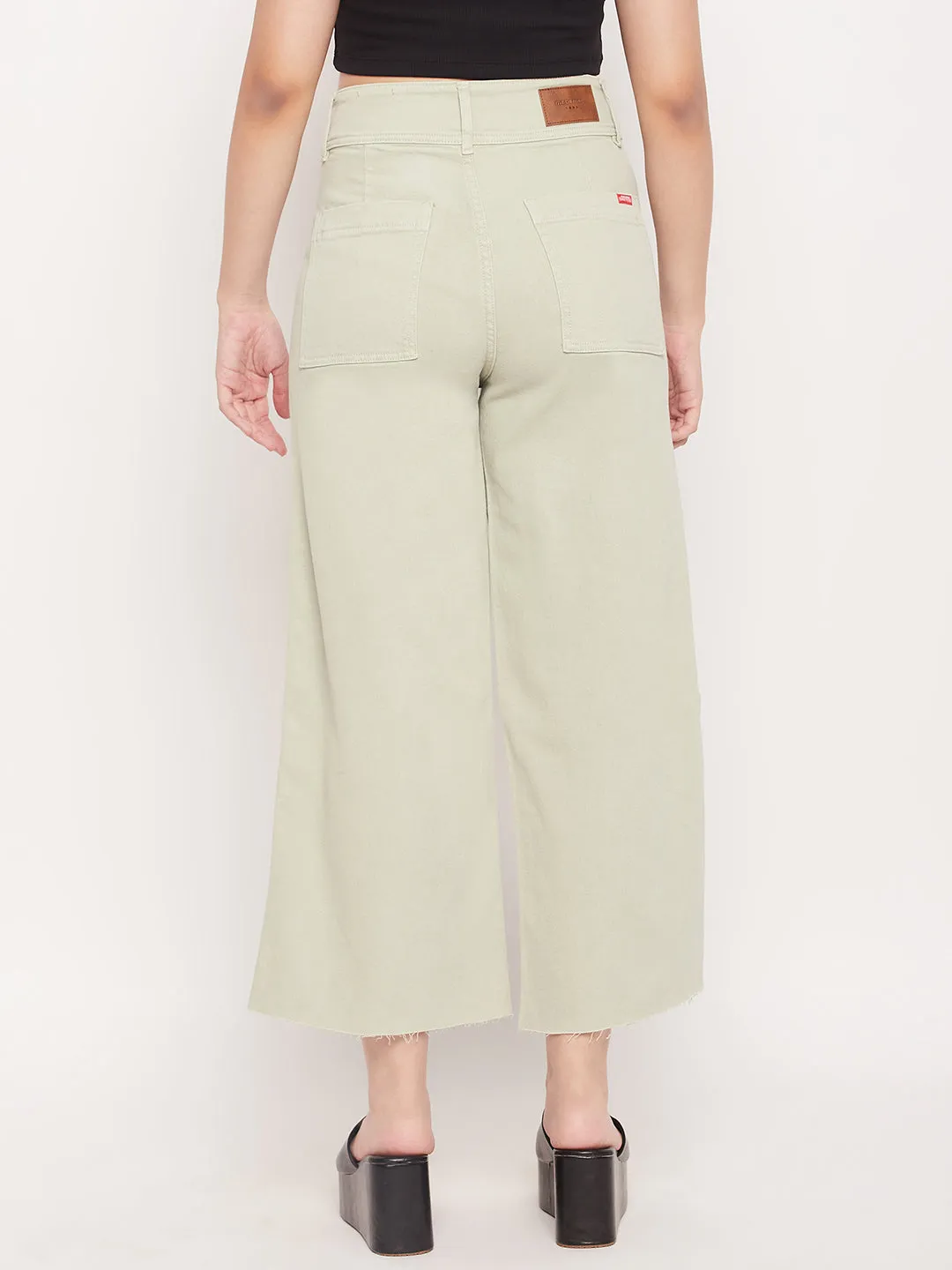 Madame Mint Green High Waist Wide Leg Ankle  Length Jeans