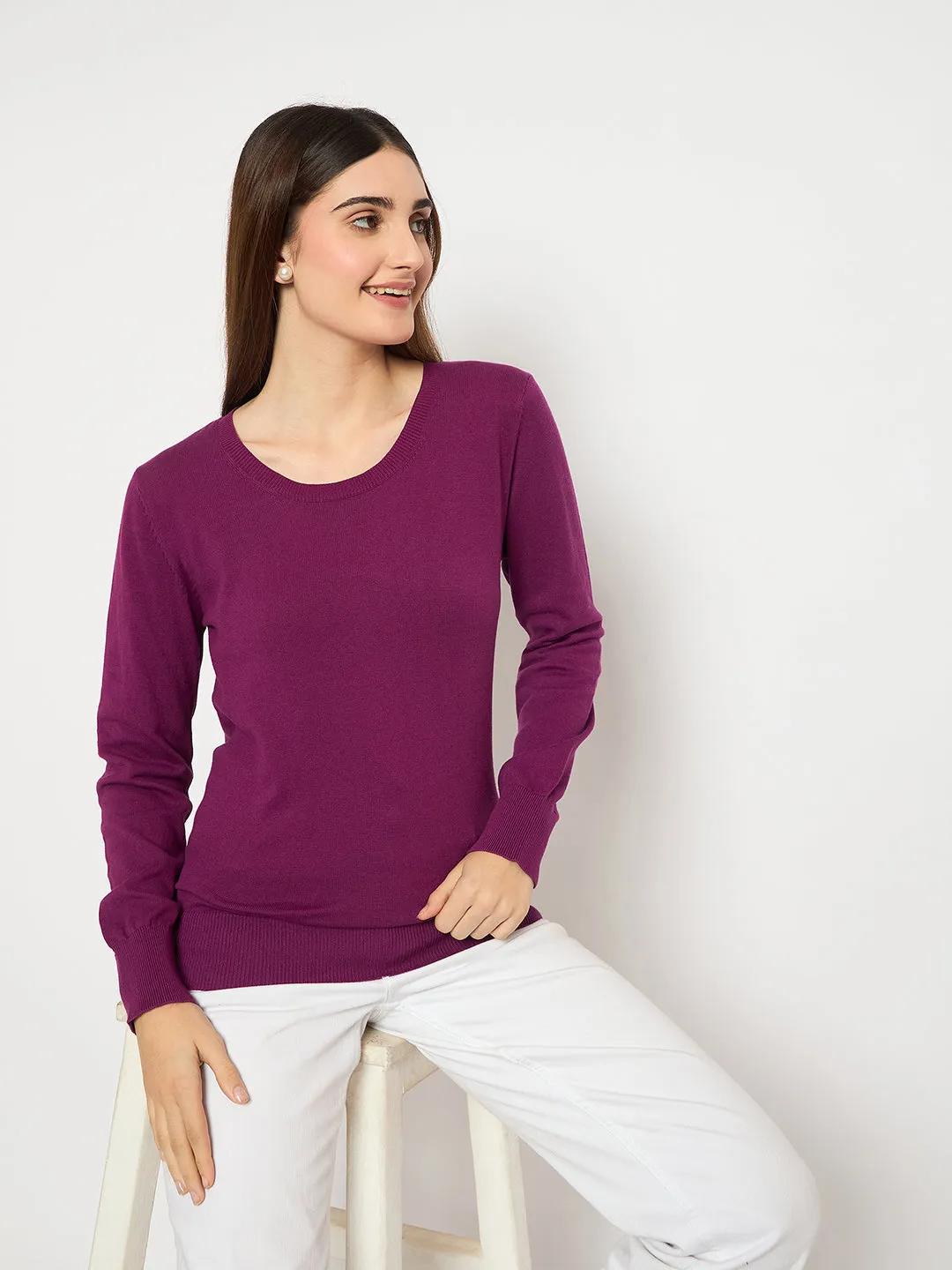 Madame Round Neck Ribbed Cuff Purple Sweater
