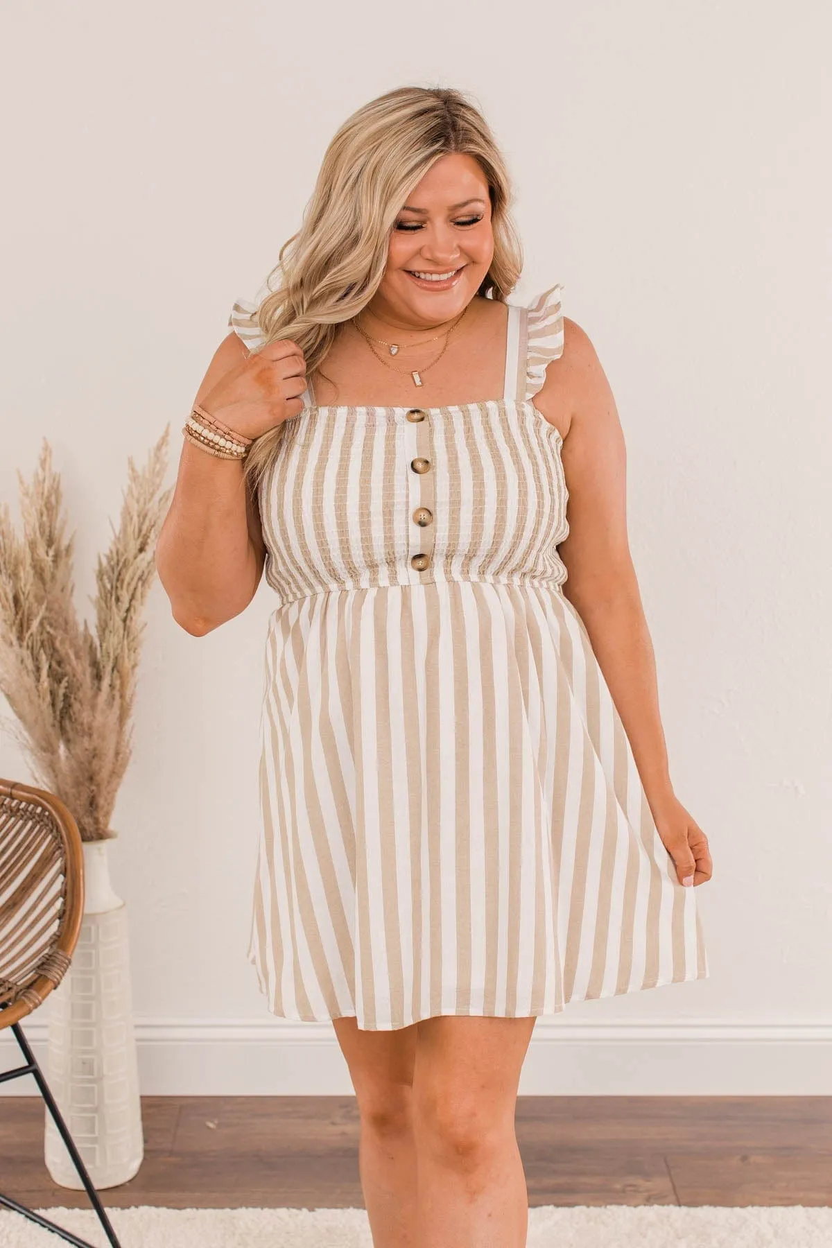 Meet Cute Smocked Mini Dress- Taupe