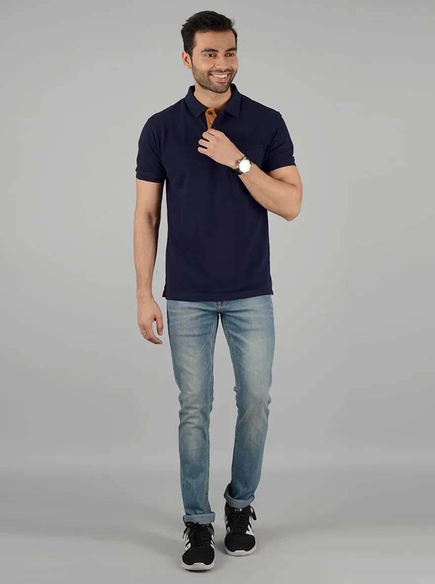 Navy Blue Solid Slim Fit Polo T-Shirt | Greenfibre
