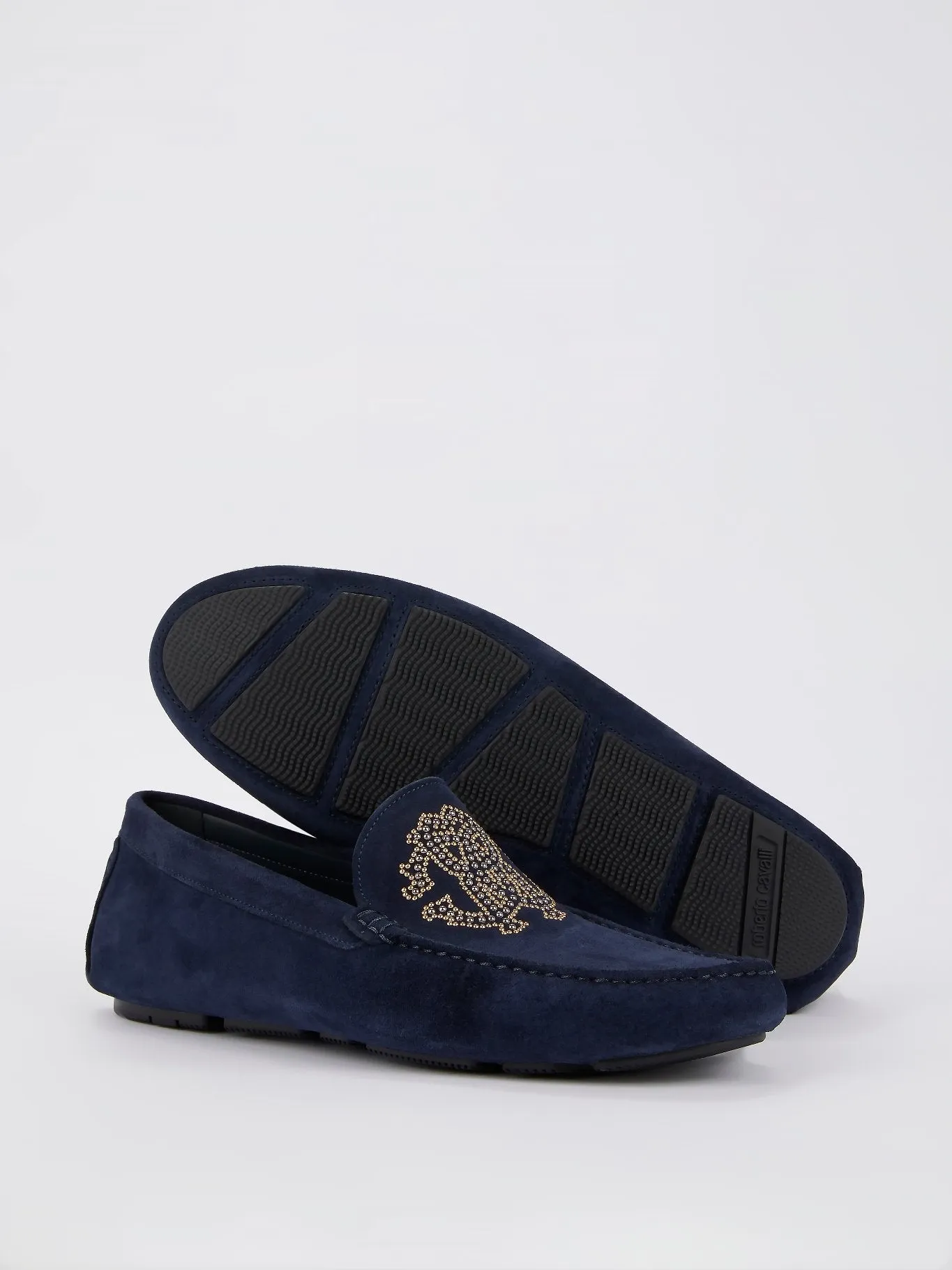 Navy Studded Monogram Suede Loafers