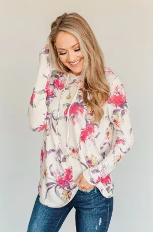 Near & Dear Wishes Floral Drawstring Hoodie- Off-White