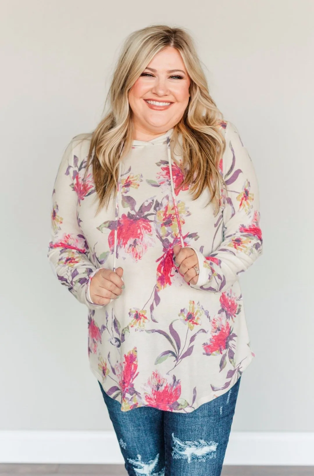 Near & Dear Wishes Floral Drawstring Hoodie- Off-White