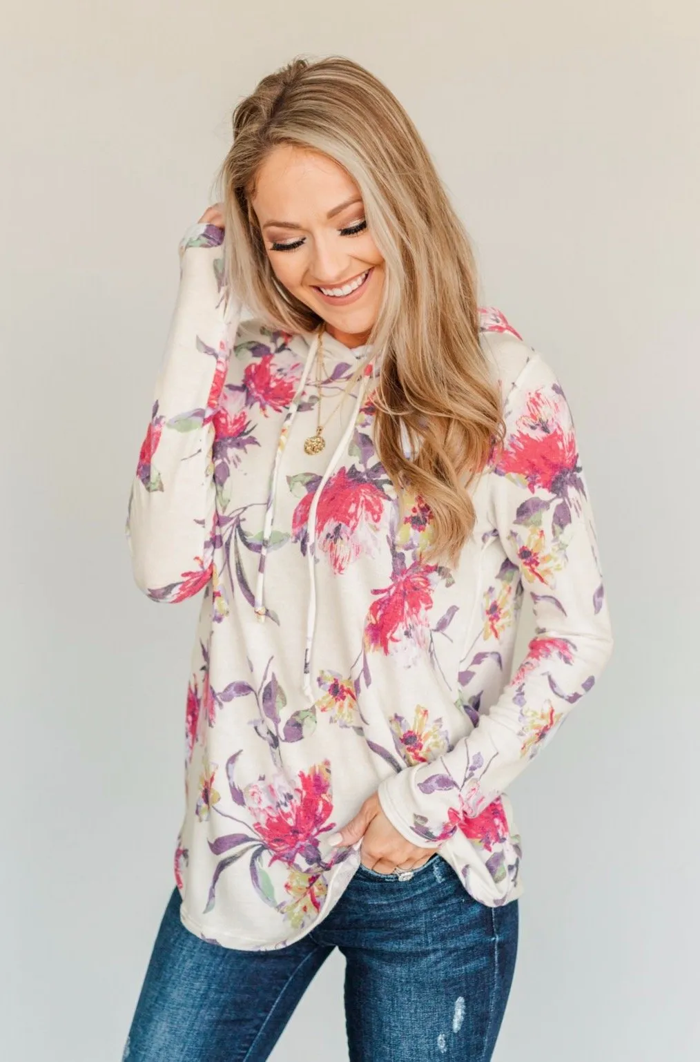 Near & Dear Wishes Floral Drawstring Hoodie- Off-White