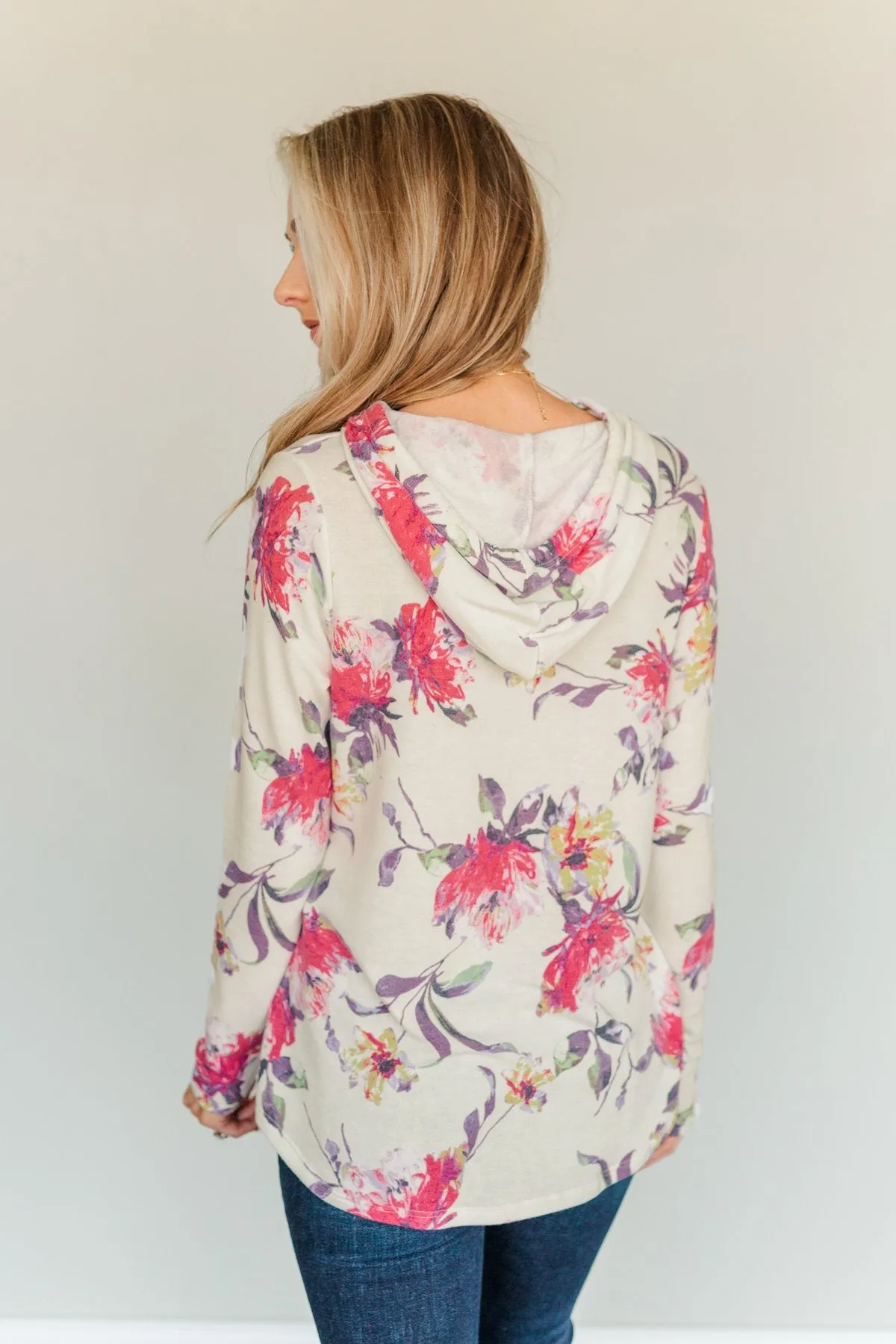 Near & Dear Wishes Floral Drawstring Hoodie- Off-White